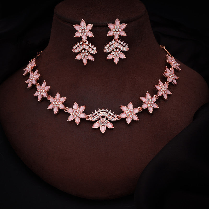 Tehzeeb Creations Baby Pink Colour Star Design Stone Studded Necklace With Earrings | Grocsy