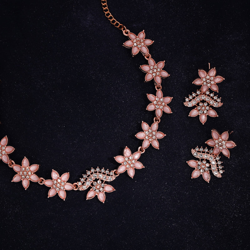 Tehzeeb Creations Baby Pink Colour Star Design Stone Studded Necklace With Earrings | Grocsy