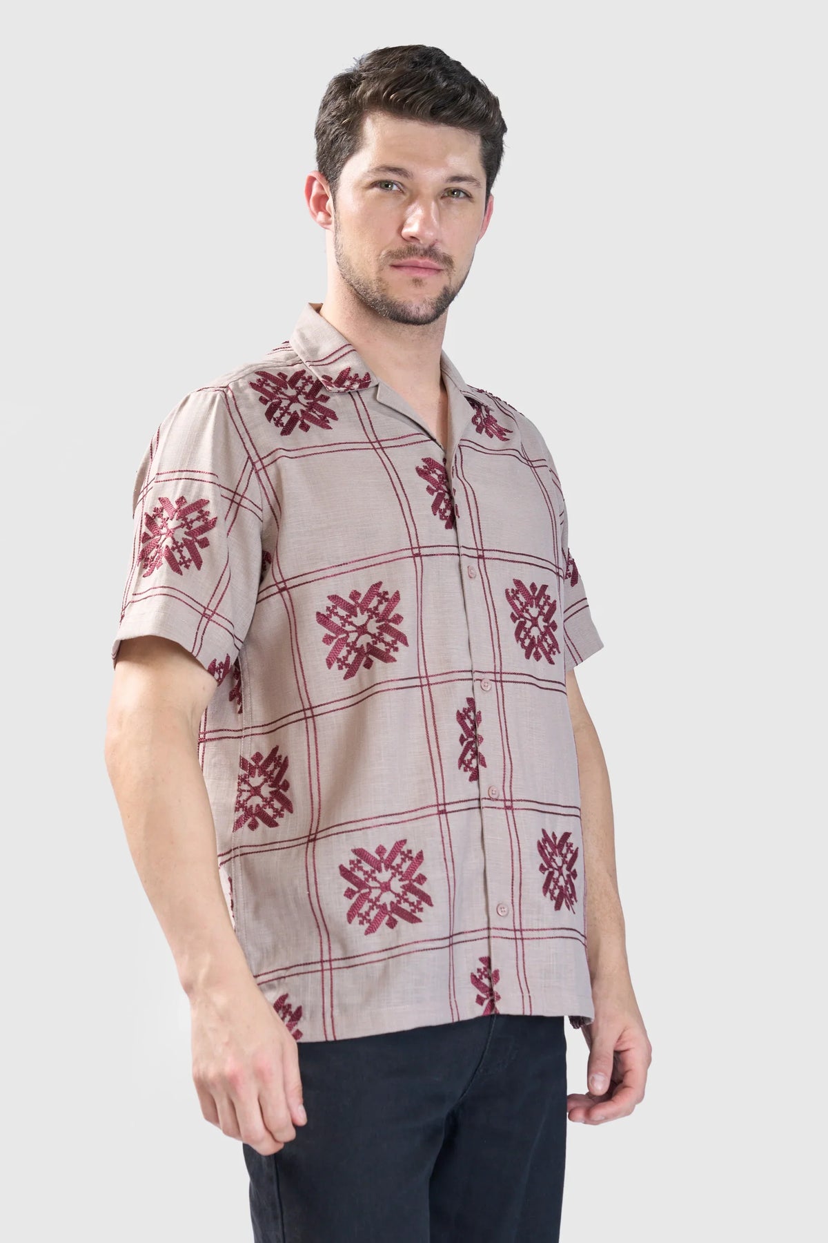 Xkind Light Maroon Embroidered Releaxed Fit Shirt | Grocsy