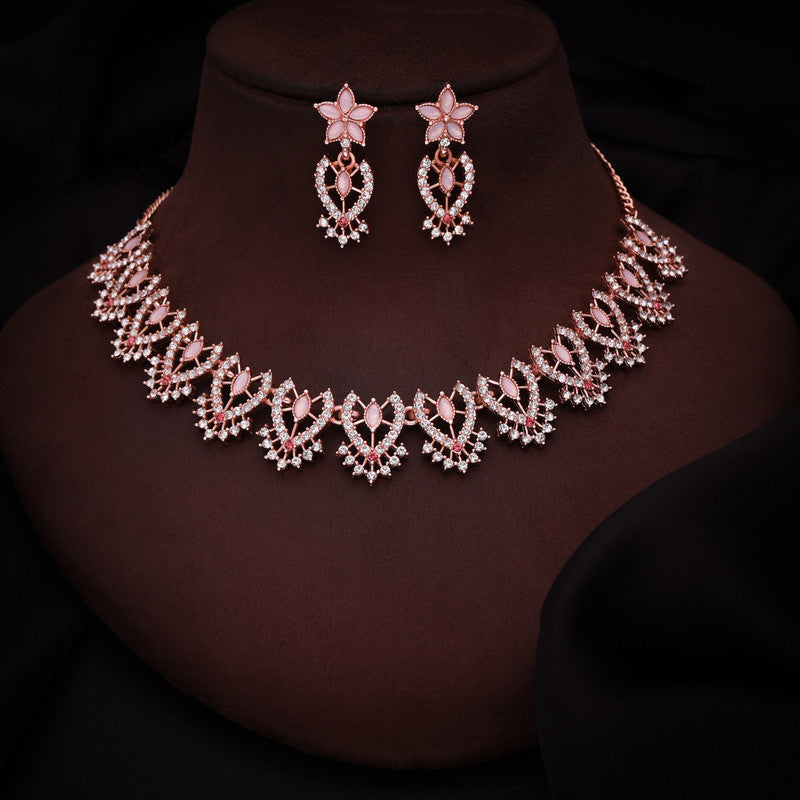 Tehzeeb Creations Baby Pink Colour Sparkle Stone Studded Necklace With Earrings | Grocsy