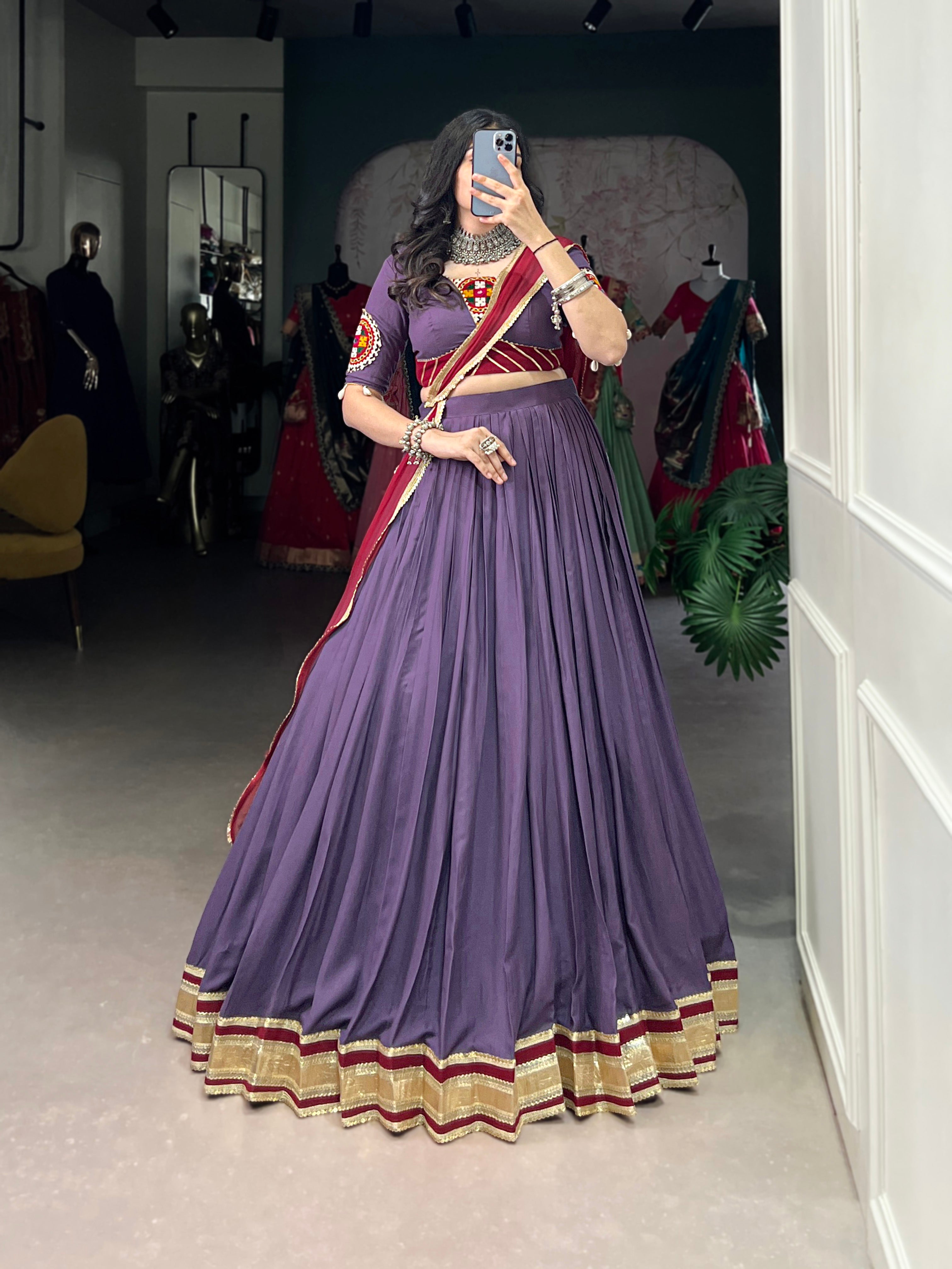 Lorenvalley Mauve Pure Rayon Embossed Design With Sequins Lace Border Lehenga Choli with Dupatta | Grocsy