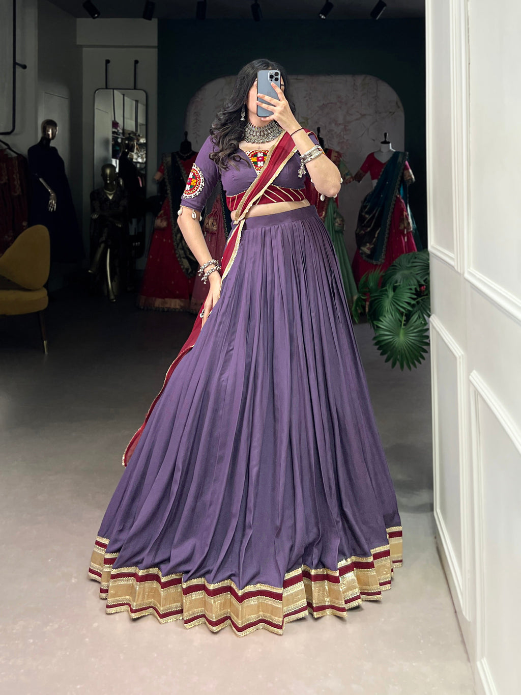 Lorenvalley Mauve Pure Rayon Embossed Design With Sequins Lace Border Lehenga Choli with Dupatta | Grocsy