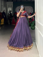 Lorenvalley Mauve Pure Rayon Embossed Design With Sequins Lace Border Lehenga Choli with Dupatta | Grocsy