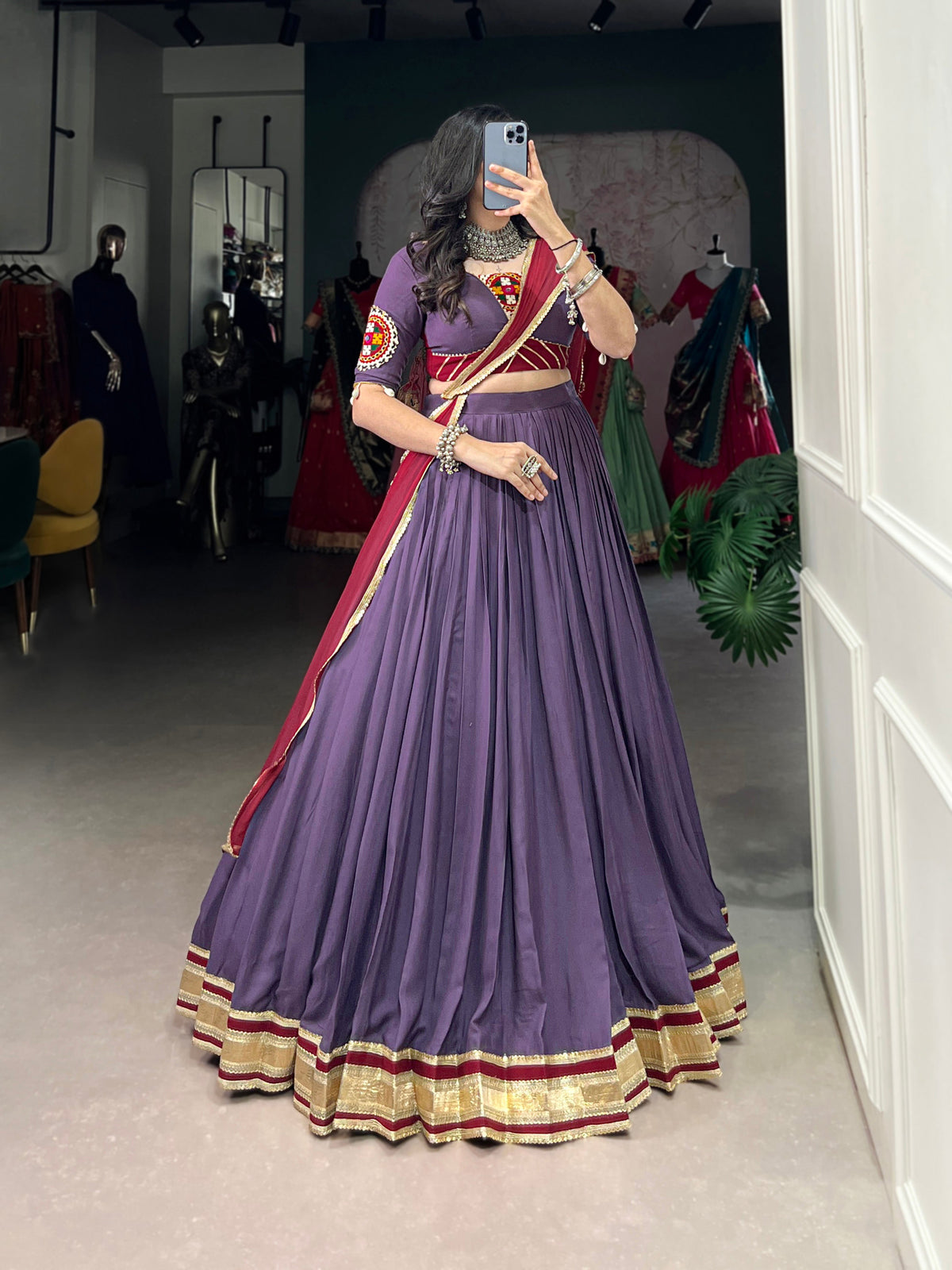 Lorenvalley Mauve Pure Rayon Embossed Design With Sequins Lace Border Lehenga Choli with Dupatta | Grocsy