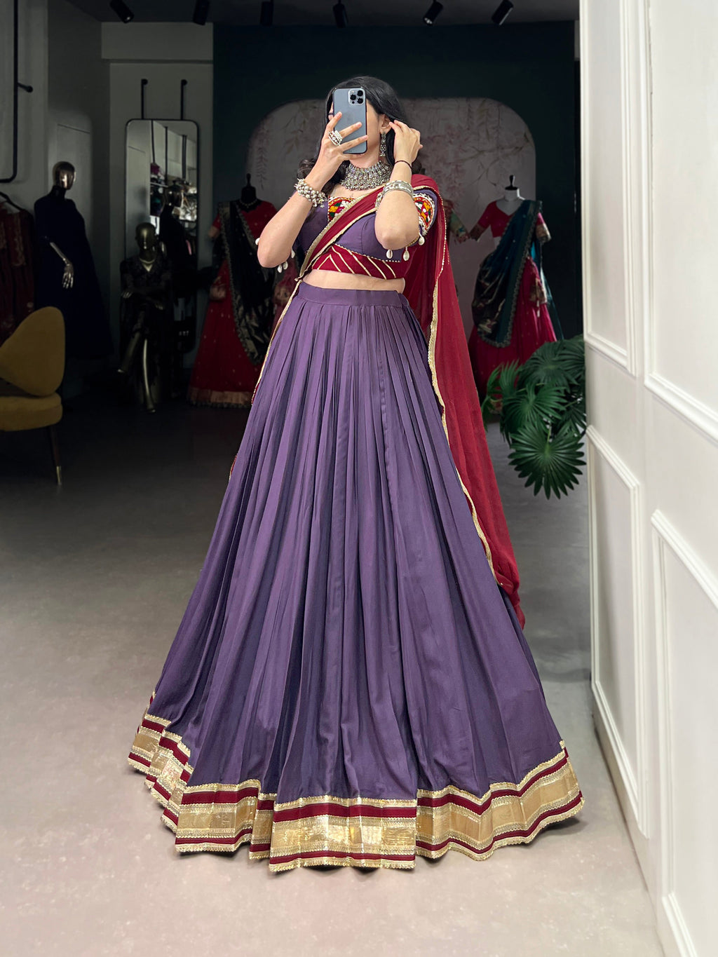 Lorenvalley Mauve Pure Rayon Embossed Design With Sequins Lace Border Lehenga Choli with Dupatta | Grocsy