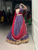 Lorenvalley Mauve Pure Rayon Embossed Design With Sequins Lace Border Lehenga Choli with Dupatta | Grocsy