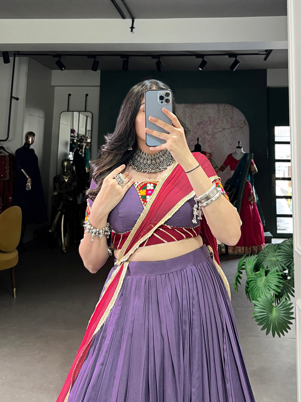 Lorenvalley Mauve Pure Rayon Embossed Design With Sequins Lace Border Lehenga Choli with Dupatta | Grocsy