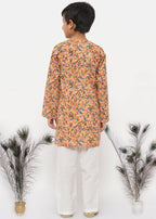 Little Bansi Boys Cotton Block Floral Kurta with Pearl Buttons & Pyjama in Orange & Cream | Grocsy