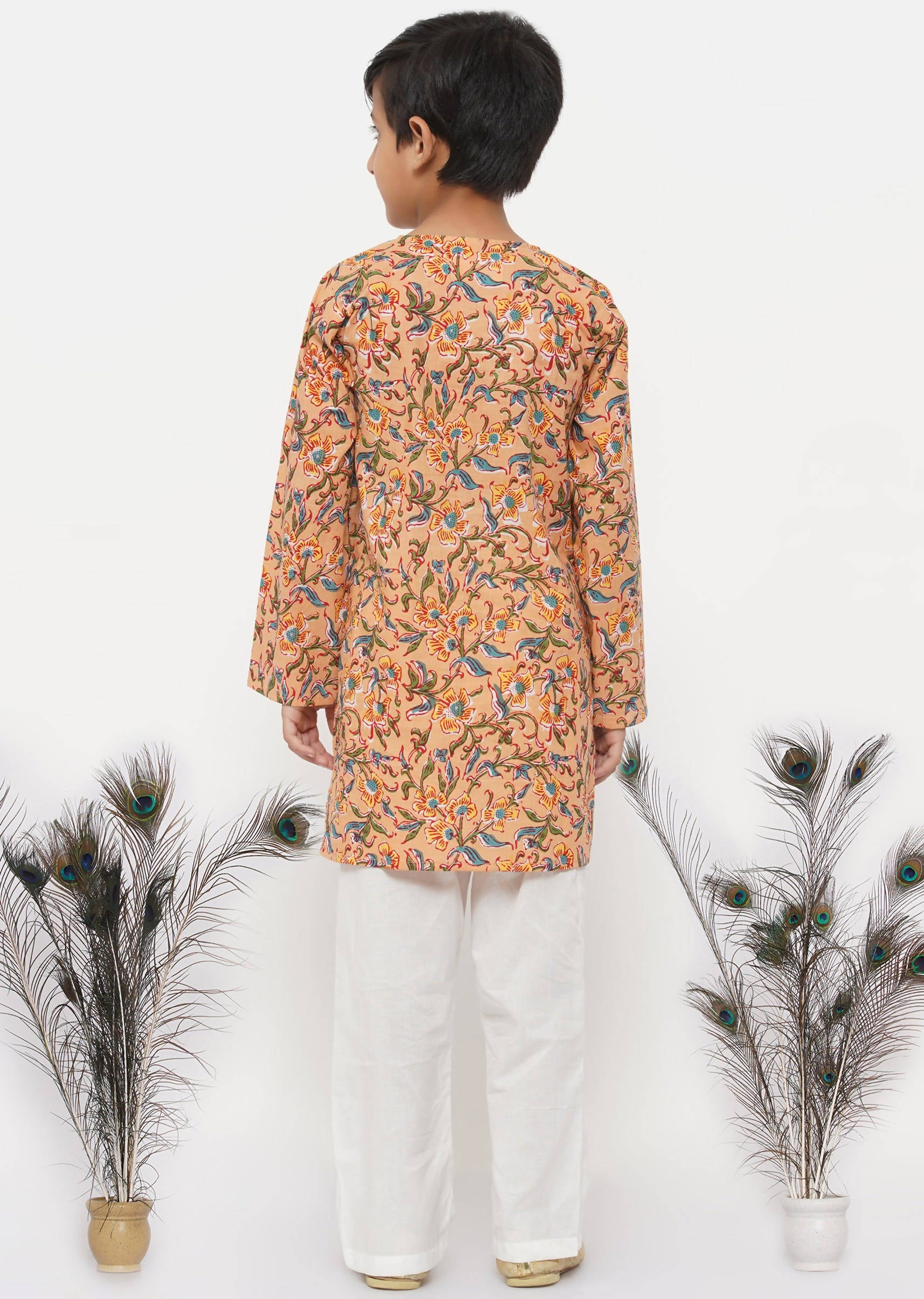Little Bansi Boys Cotton Block Floral Kurta with Pearl Buttons & Pyjama in Orange & Cream | Grocsy