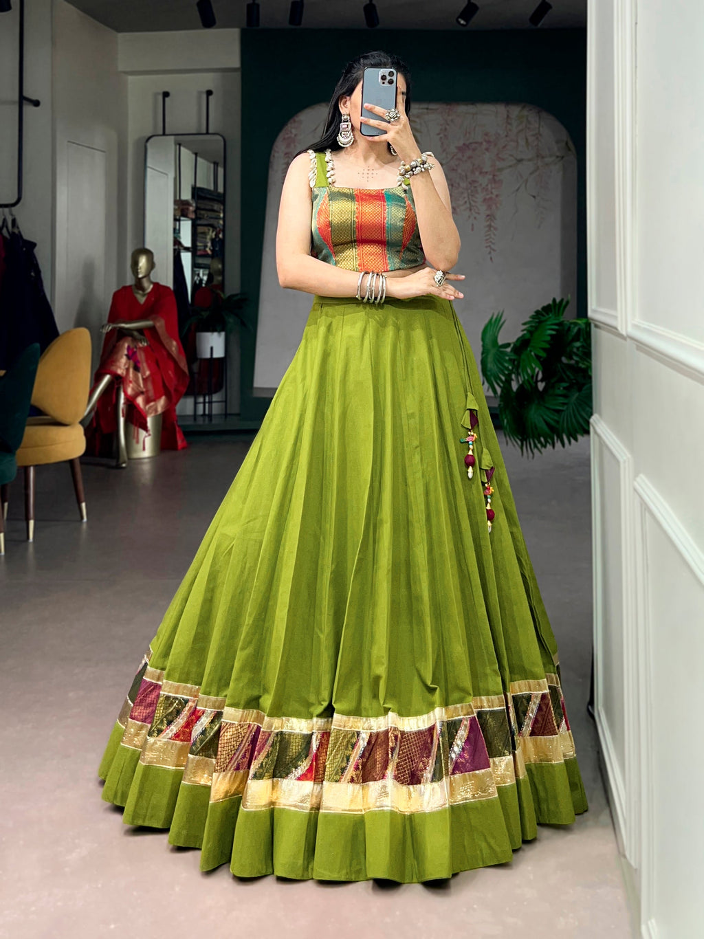Lorenvalley Fashion Parrotgreen Cotton Enhanced With Zari Weaving, Embossed Design Work Lehenga Choli | Grocsy