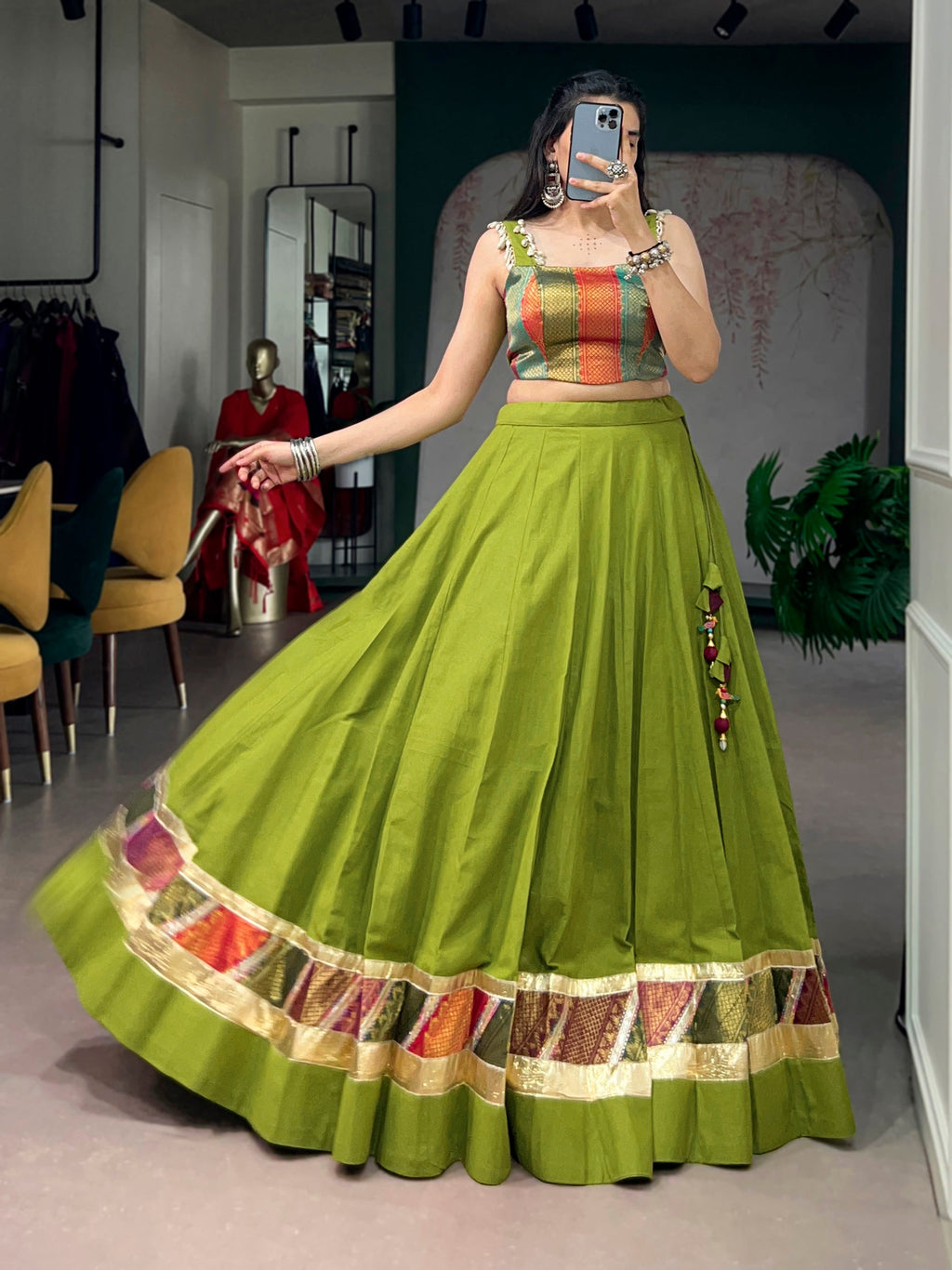 Lorenvalley Fashion Parrotgreen Cotton Enhanced With Zari Weaving, Embossed Design Work Lehenga Choli | Grocsy