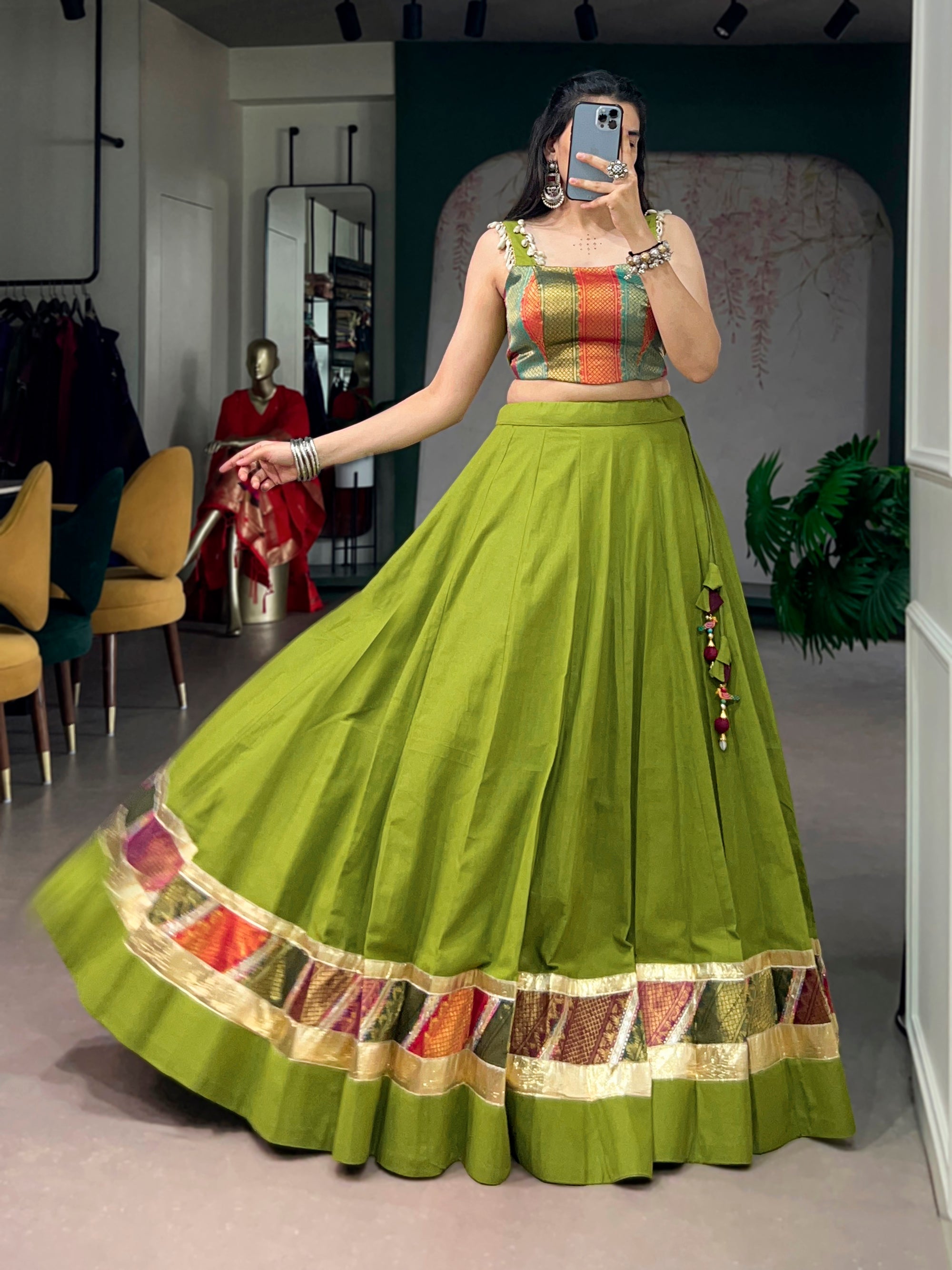 Lorenvalley Fashion Parrotgreen Cotton Enhanced With Zari Weaving, Embossed Design Work Lehenga Choli | Grocsy