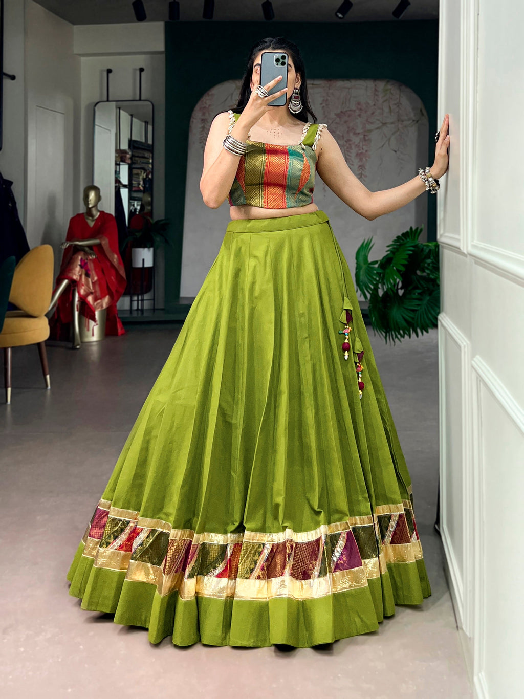Lorenvalley Fashion Parrotgreen Cotton Enhanced With Zari Weaving, Embossed Design Work Lehenga Choli | Grocsy