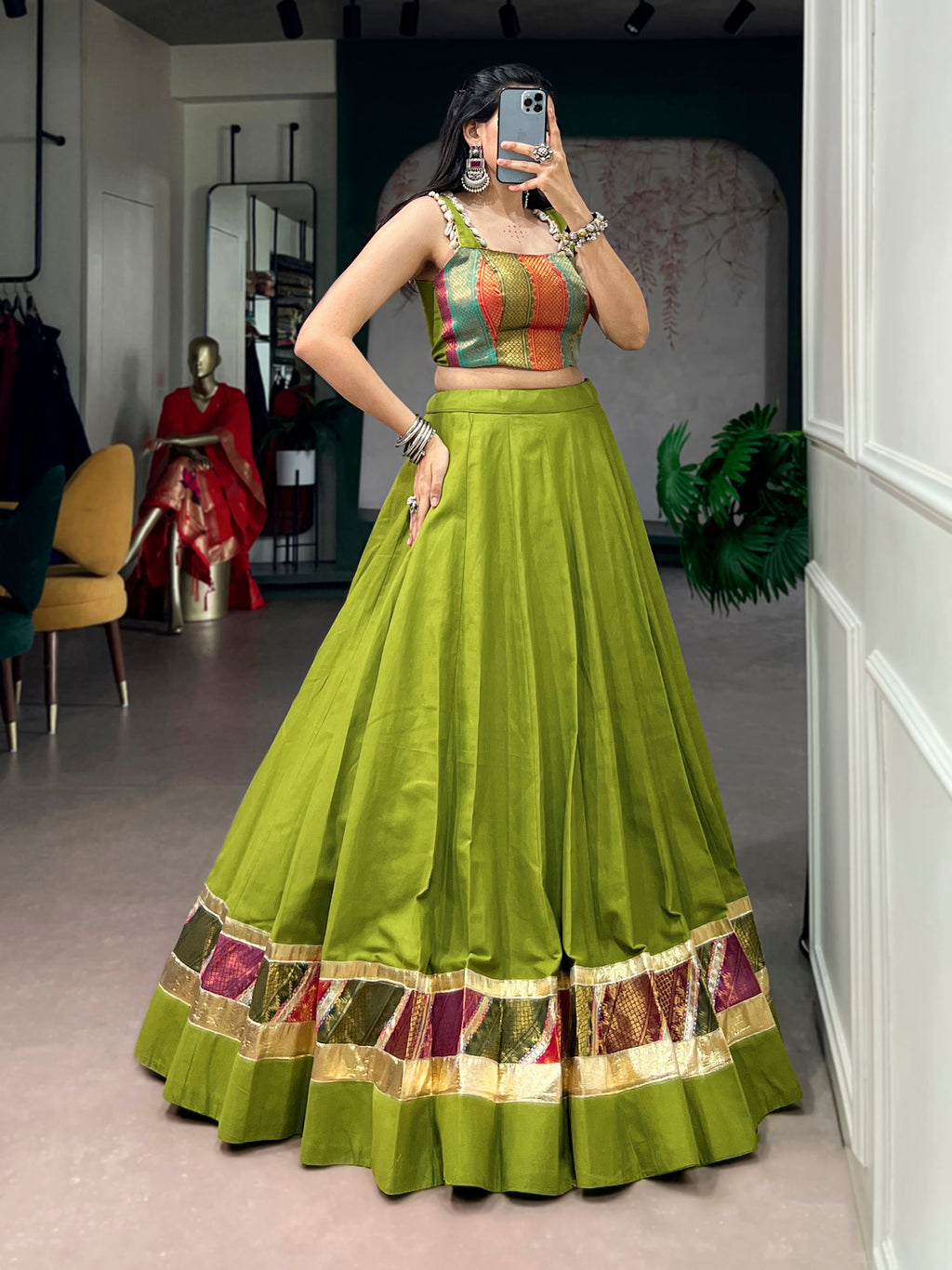 Lorenvalley Fashion Parrotgreen Cotton Enhanced With Zari Weaving, Embossed Design Work Lehenga Choli | Grocsy