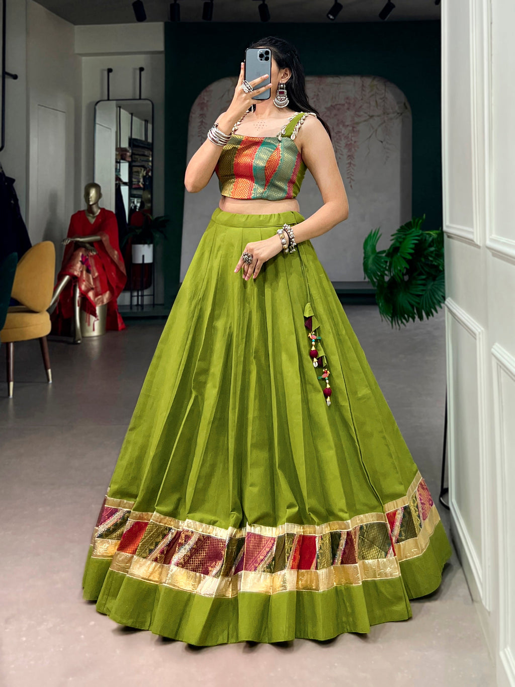 Lorenvalley Fashion Parrotgreen Cotton Enhanced With Zari Weaving, Embossed Design Work Lehenga Choli | Grocsy