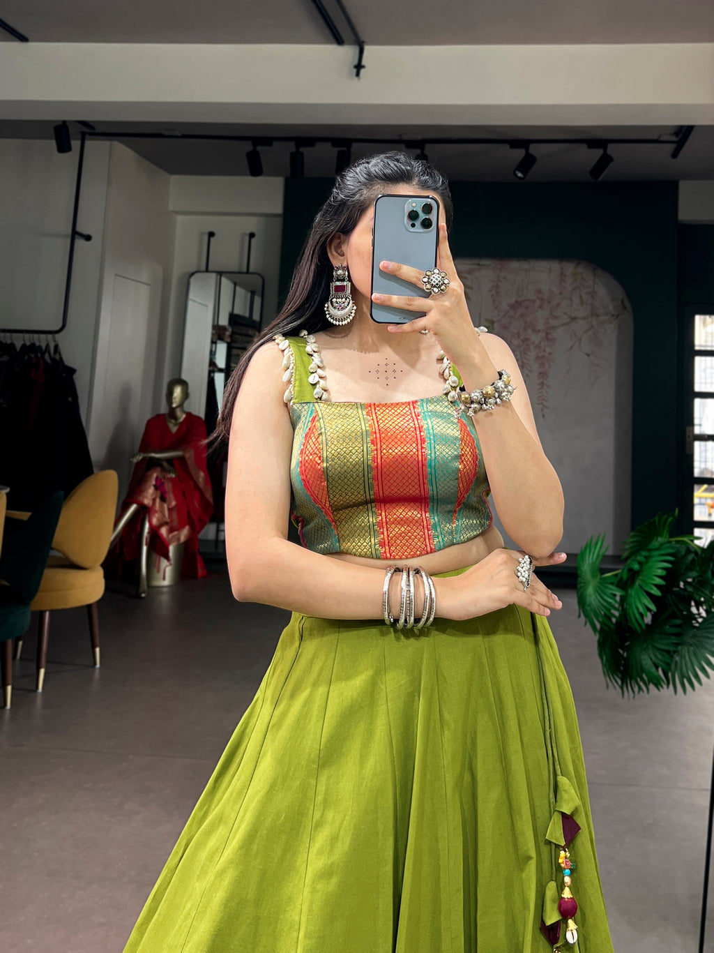 Lorenvalley Fashion Parrotgreen Cotton Enhanced With Zari Weaving, Embossed Design Work Lehenga Choli | Grocsy