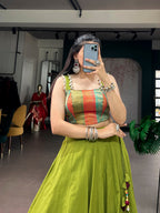 Lorenvalley Fashion Parrotgreen Cotton Enhanced With Zari Weaving, Embossed Design Work Lehenga Choli | Grocsy