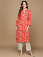 HERE&NOW Rust Orange & White Floral Printed Straight Kurta | Grocsy