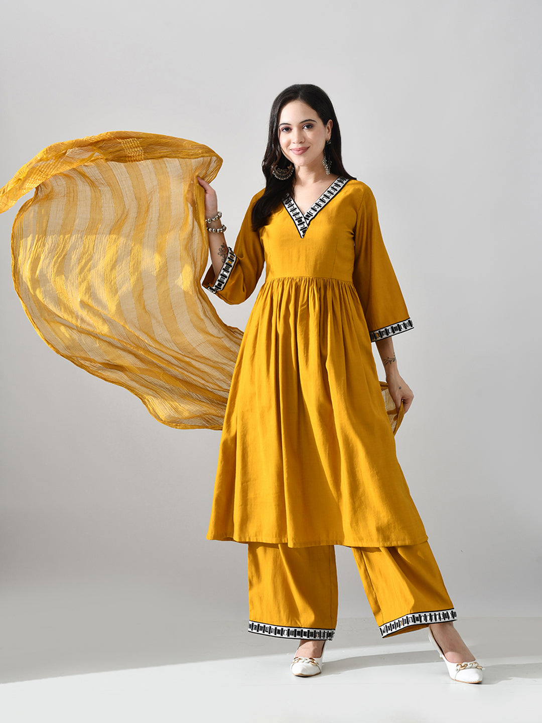 Myshka Women Mustard Embellished V-Neck Anarkali Kurta Palazzo With Dupatta | Grocsy
