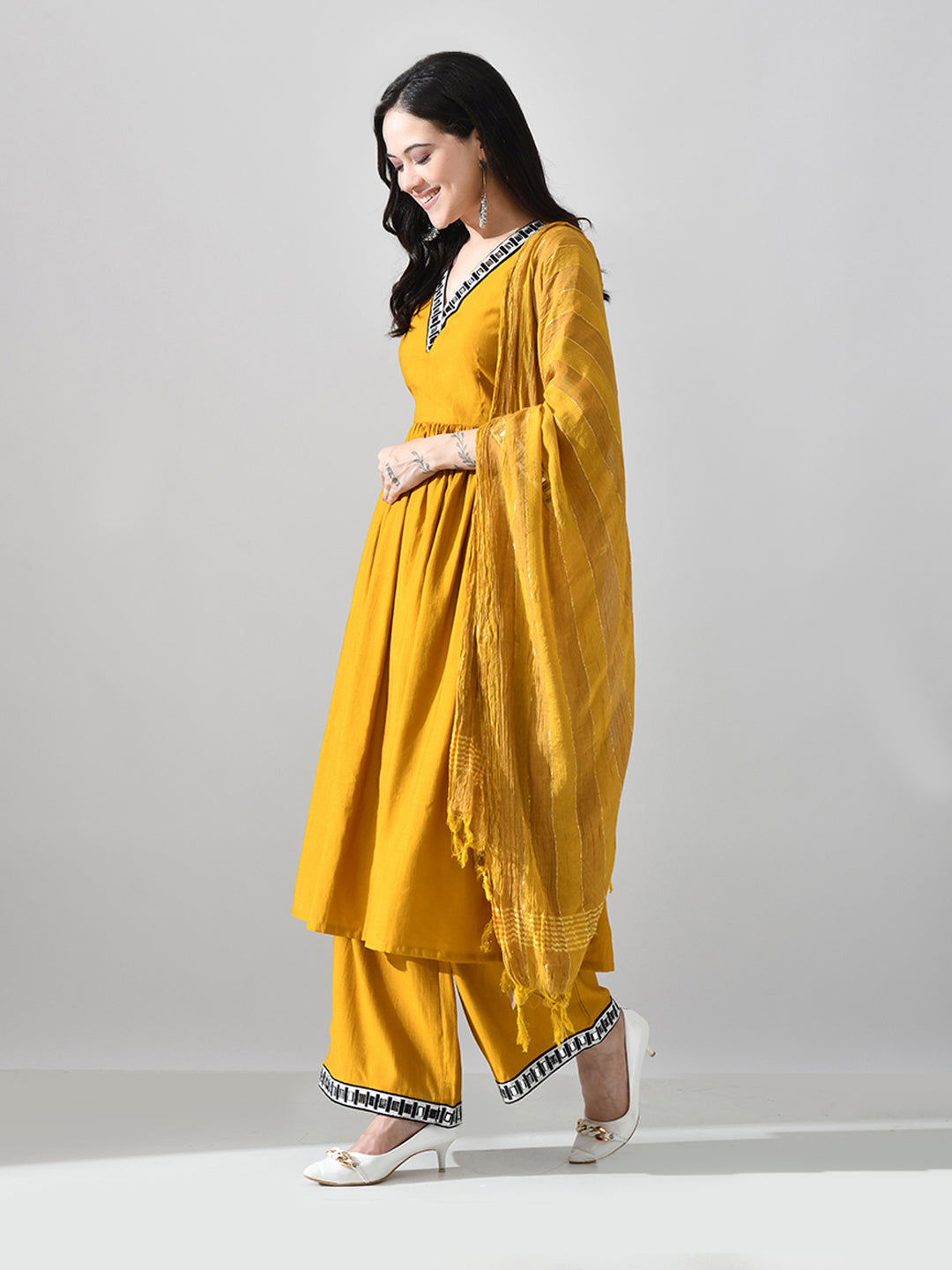 Myshka Women Mustard Embellished V-Neck Anarkali Kurta Palazzo With Dupatta | Grocsy