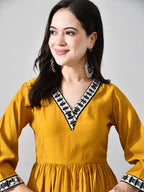 Myshka Women Mustard Embellished V-Neck Anarkali Kurta Palazzo With Dupatta | Grocsy