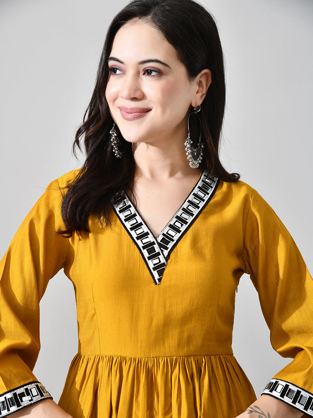 Myshka Women Mustard Embellished V-Neck Anarkali Kurta Palazzo With Dupatta | Grocsy