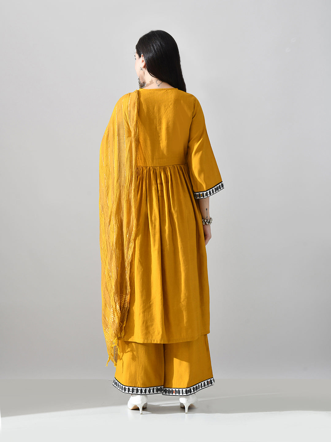 Myshka Women Mustard Embellished V-Neck Anarkali Kurta Palazzo With Dupatta | Grocsy