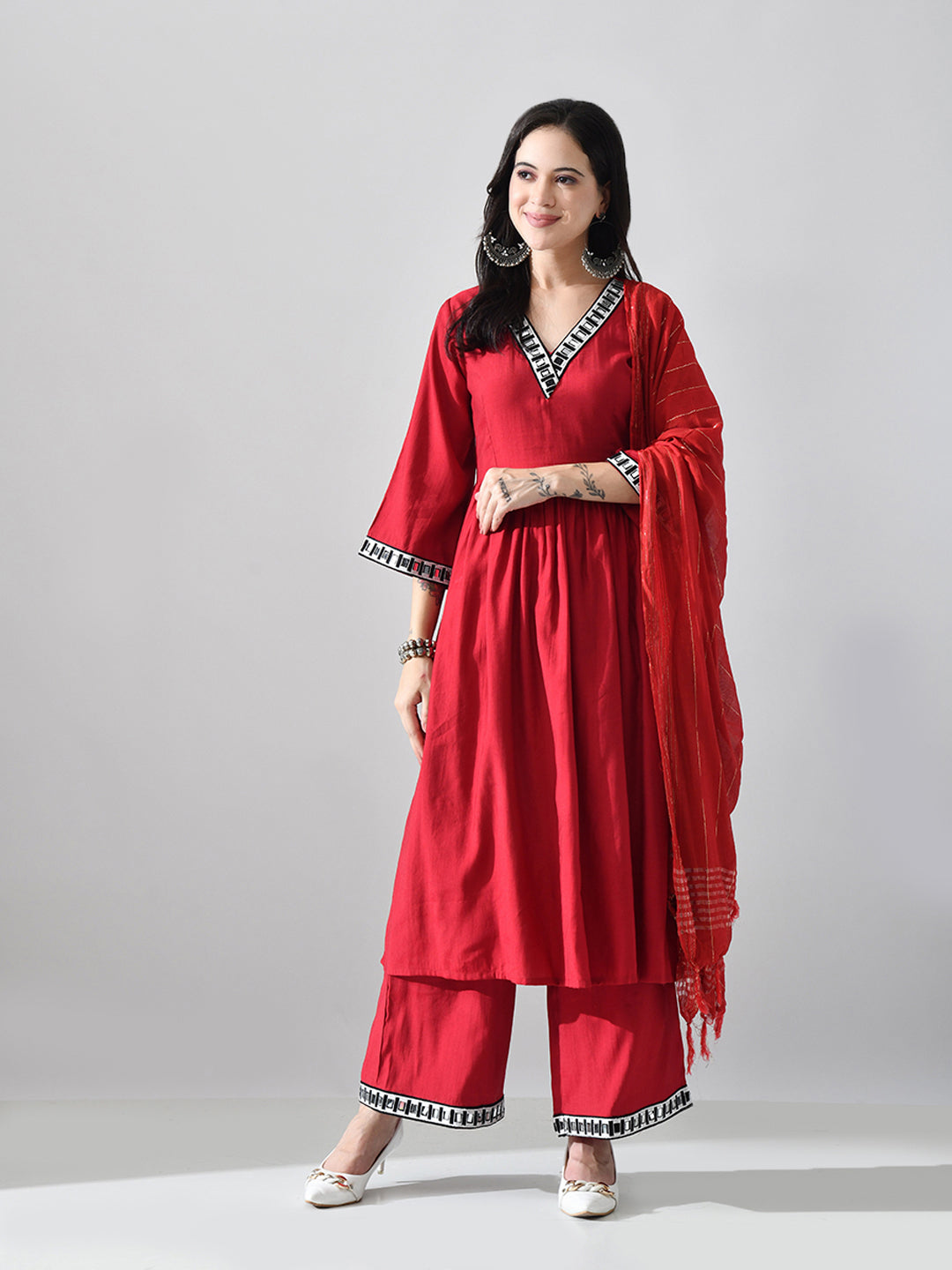 Myshka Women Red Embellished V-Neck Anarkali Kurta Palazzo With Dupatta | Grocsy