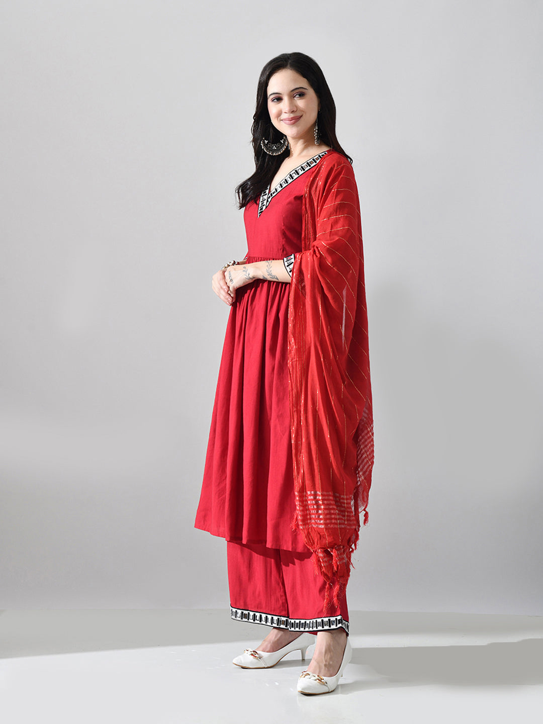 Myshka Women Red Embellished V-Neck Anarkali Kurta Palazzo With Dupatta | Grocsy