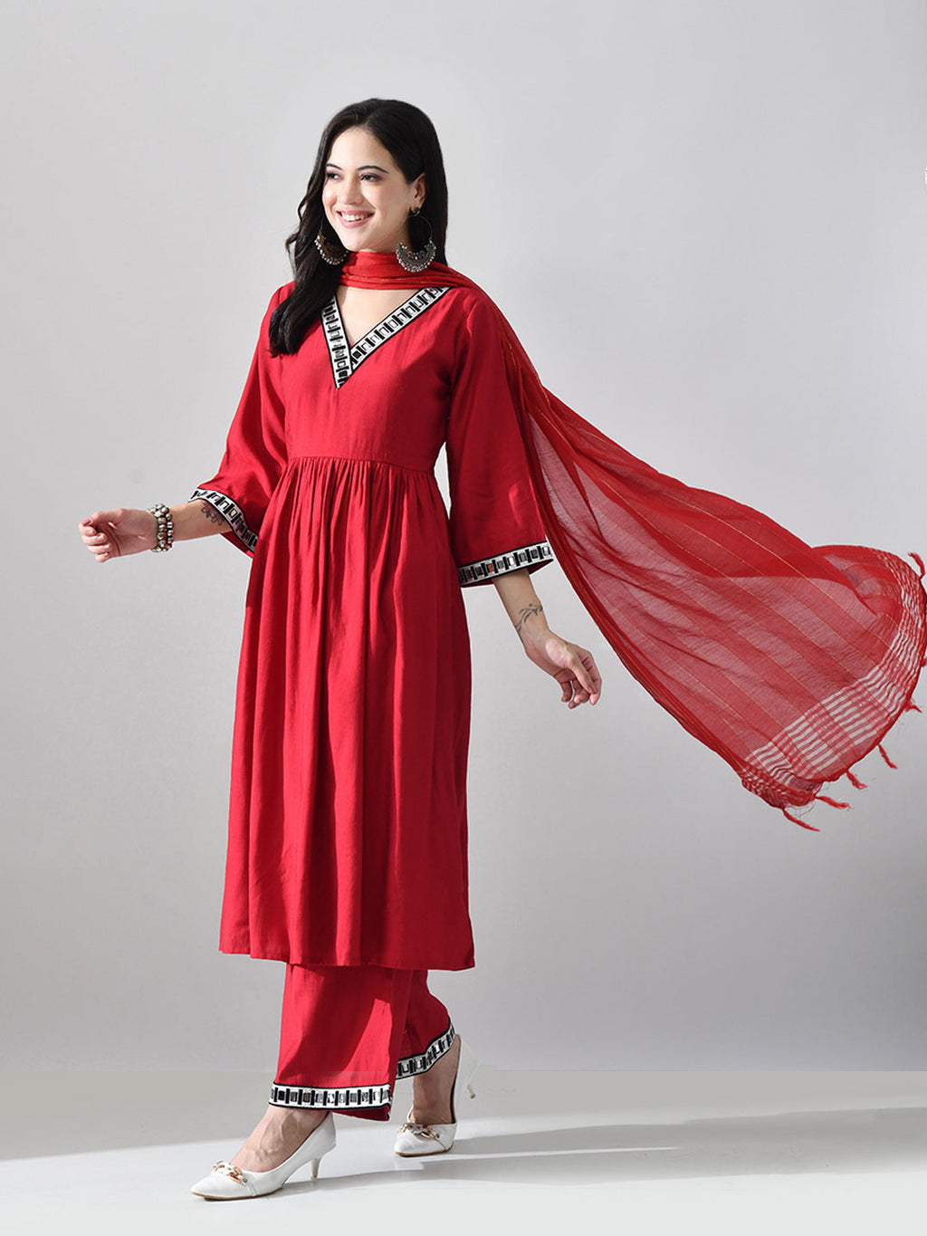 Myshka Women Red Embellished V-Neck Anarkali Kurta Palazzo With Dupatta | Grocsy