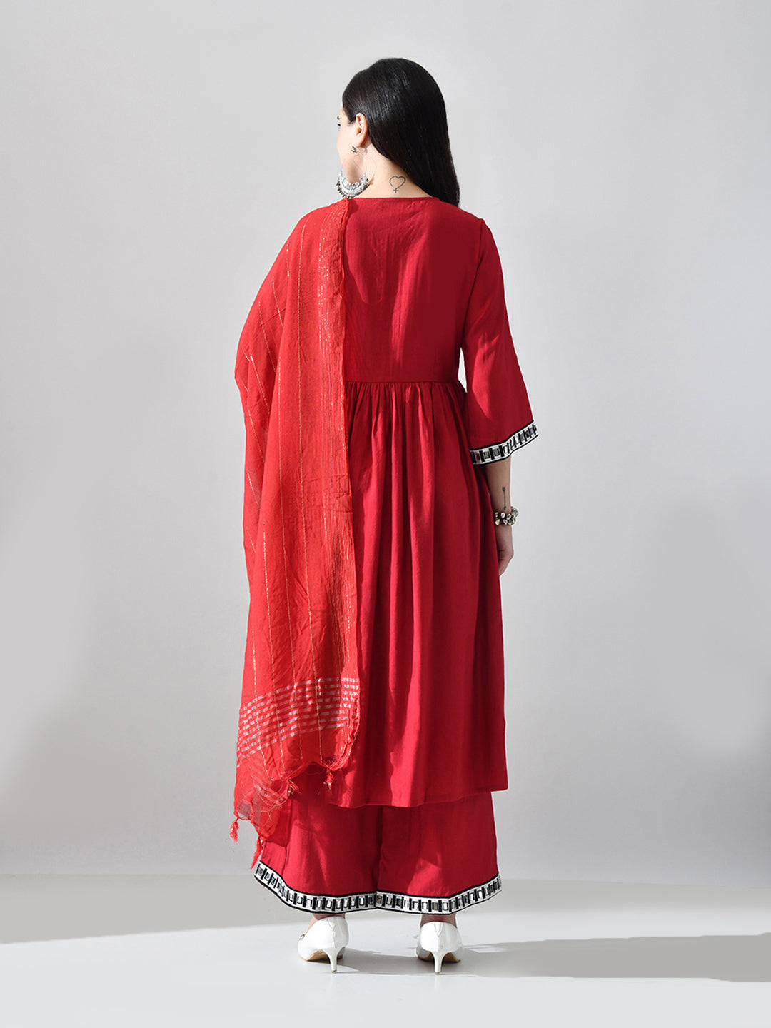 Myshka Women Red Embellished V-Neck Anarkali Kurta Palazzo With Dupatta | Grocsy