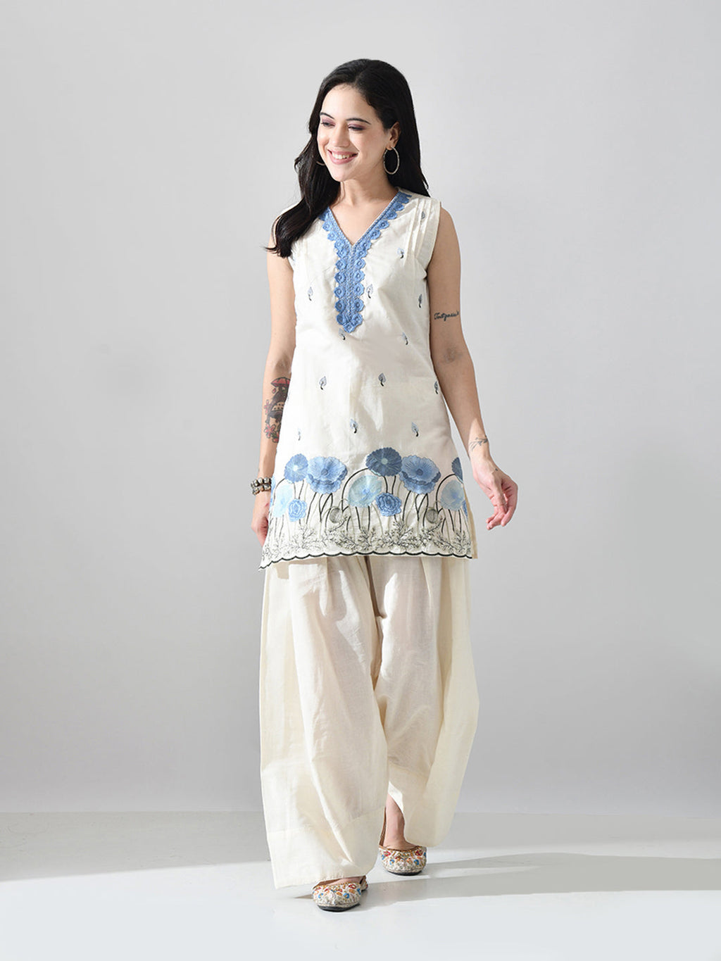 Myshka Women Off White Embroidered Short Kurta With Farsi Salwar | Grocsy