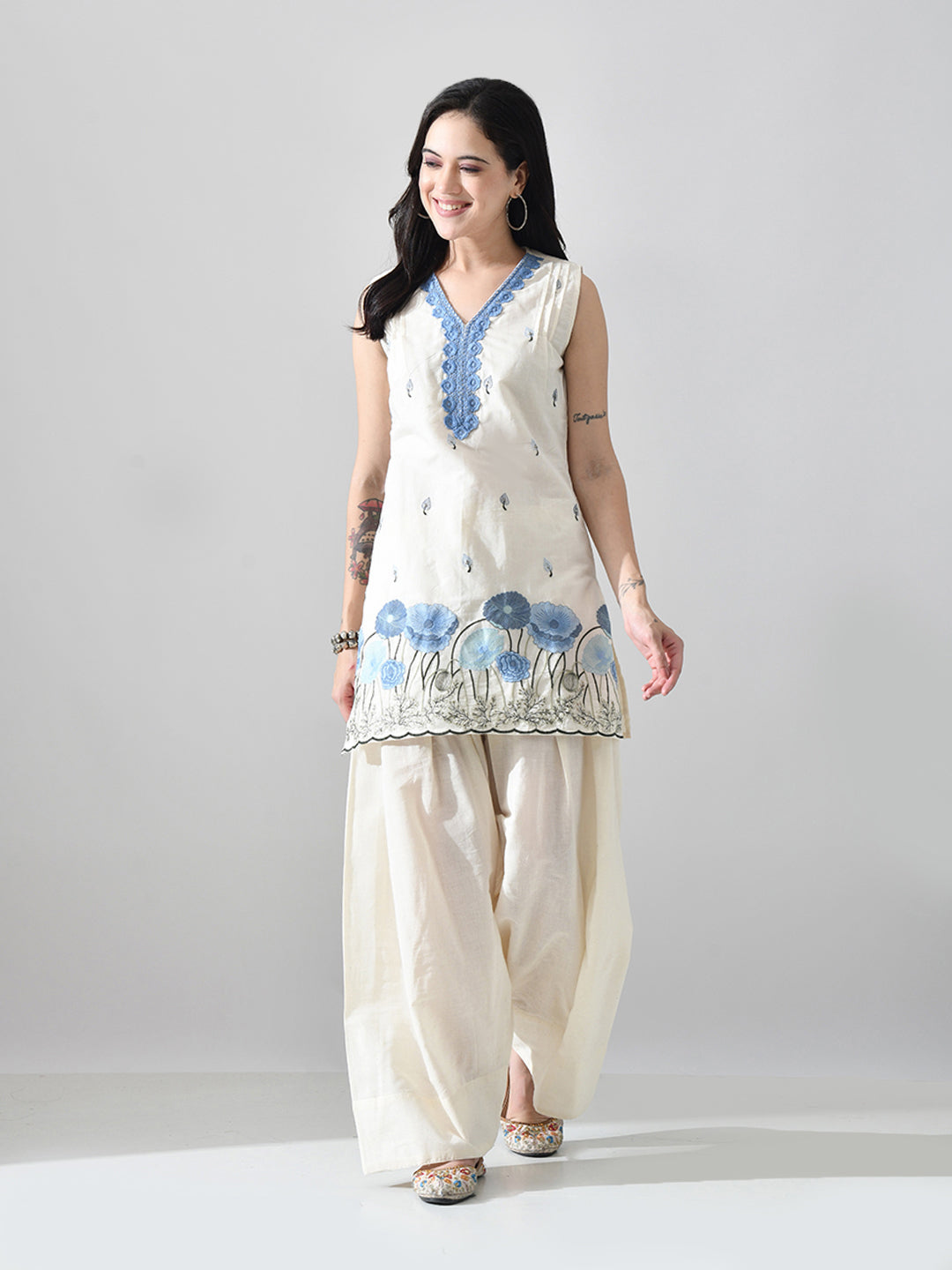 Myshka Women Off White Embroidered Short Kurta With Farsi Salwar | Grocsy