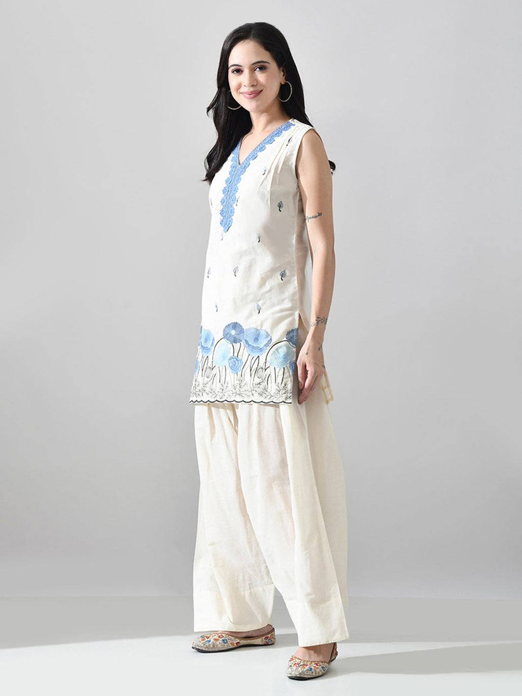 Myshka Women Off White Embroidered Short Kurta With Farsi Salwar | Grocsy