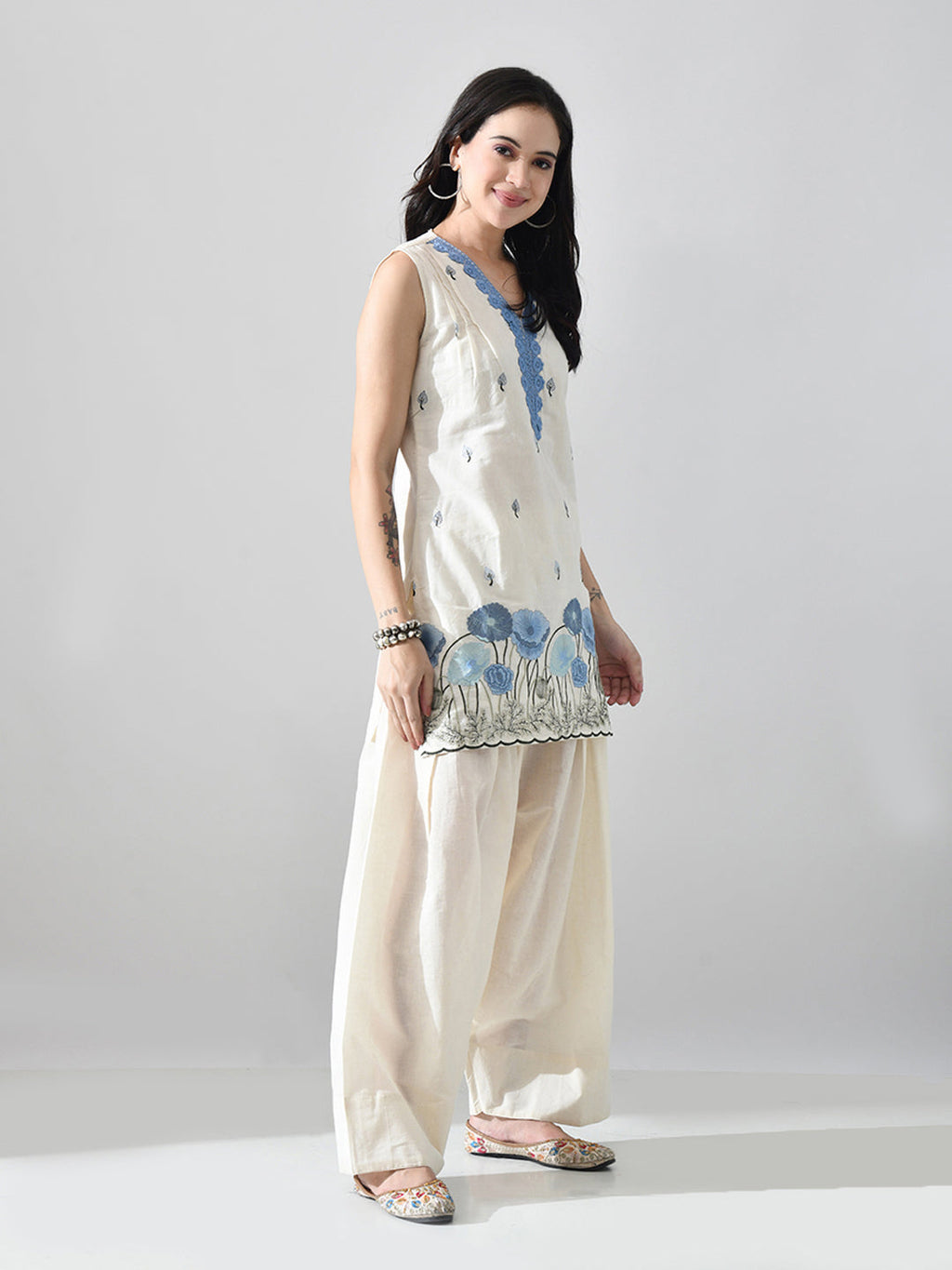 Myshka Women Off White Embroidered Short Kurta With Farsi Salwar | Grocsy
