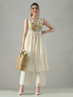 Myshka Women Off White Embroidered Long Kurta With Front Slit Trouser | Grocsy