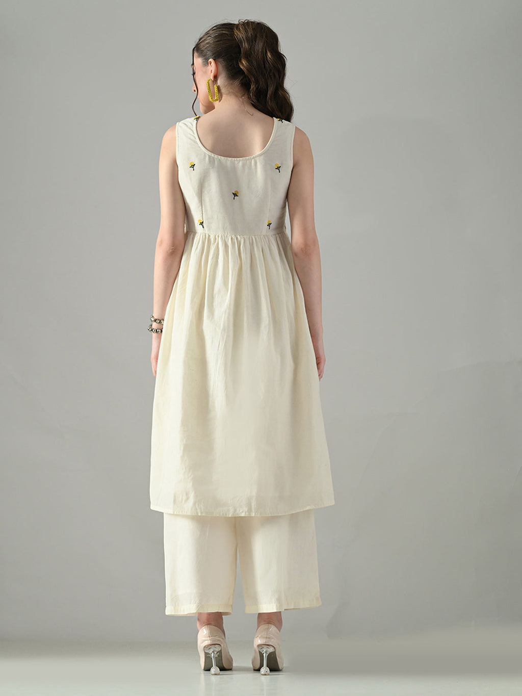 Myshka Women Off White Embroidered Long Kurta With Front Slit Trouser | Grocsy