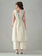 Myshka Women Off White Embroidered Long Kurta With Front Slit Trouser | Grocsy