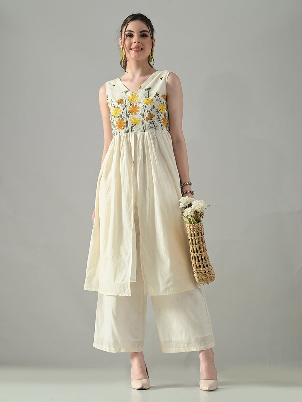 Myshka Women Off White Embroidered Long Kurta With Front Slit Trouser | Grocsy