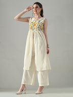 Myshka Women Off White Embroidered Long Kurta With Front Slit Trouser | Grocsy