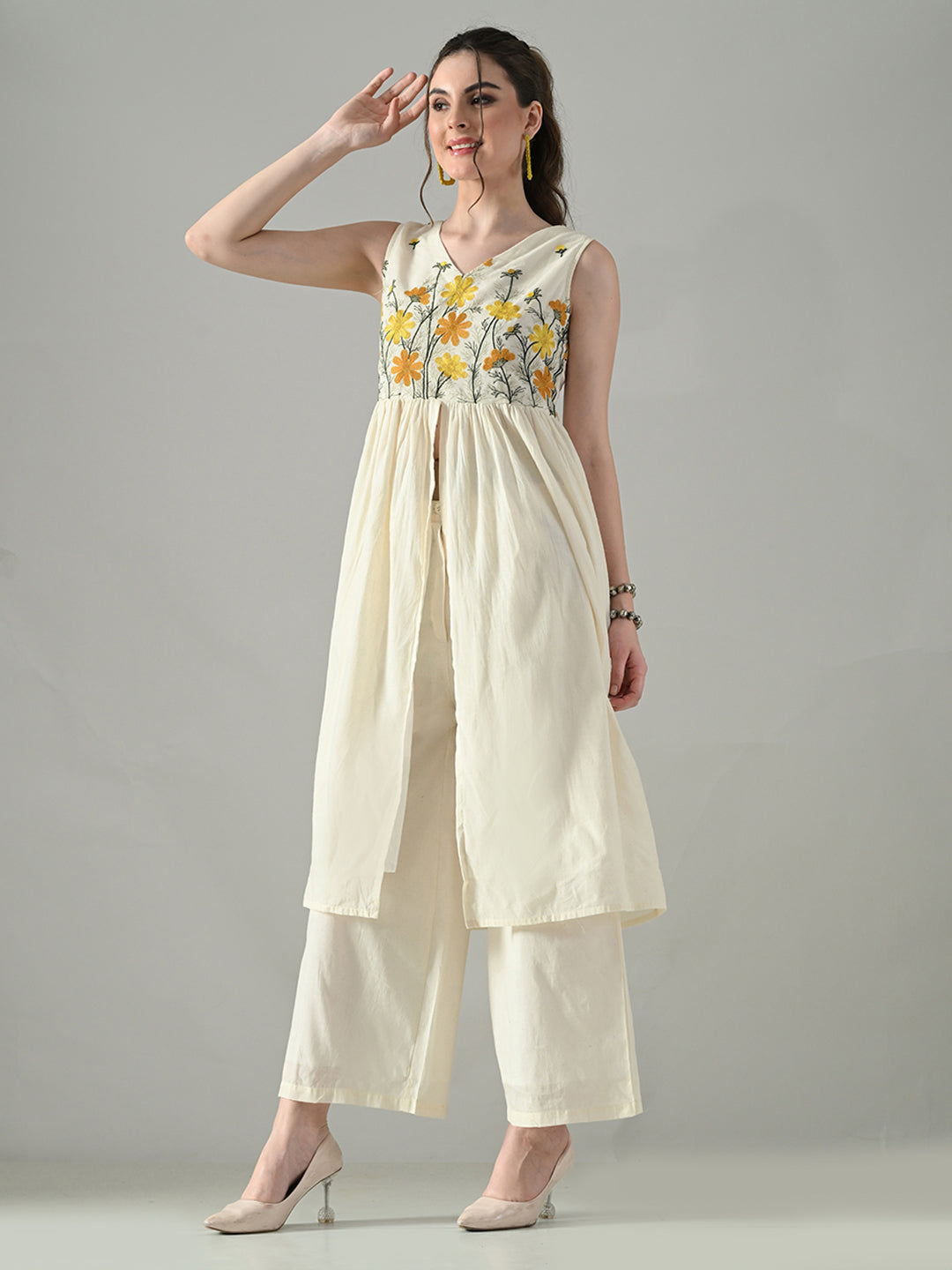 Myshka Women Off White Embroidered Long Kurta With Front Slit Trouser | Grocsy