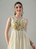 Myshka Women Off White Embroidered Long Kurta With Front Slit Trouser | Grocsy