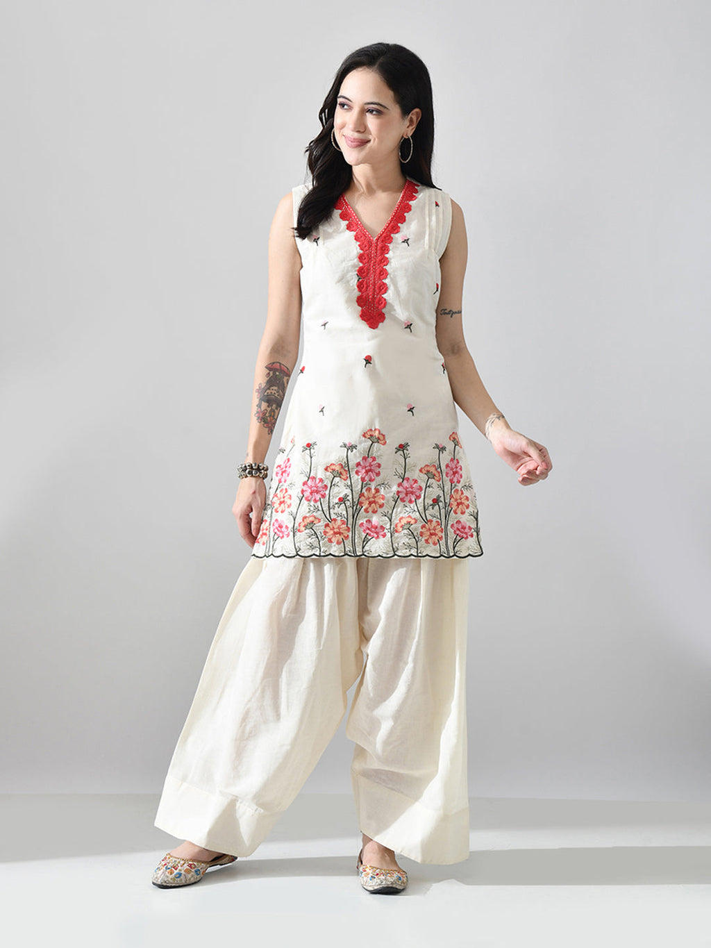 Myshka Women Off White Embroidered Short Kurta With Farsi Salwar | Grocsy