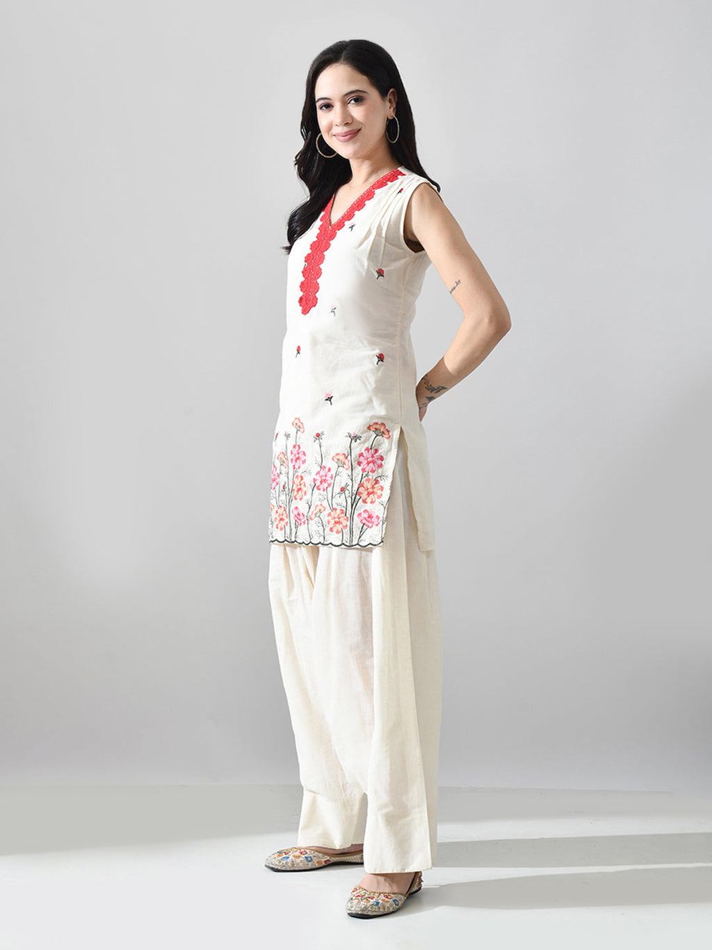 Myshka Women Off White Embroidered Short Kurta With Farsi Salwar | Grocsy