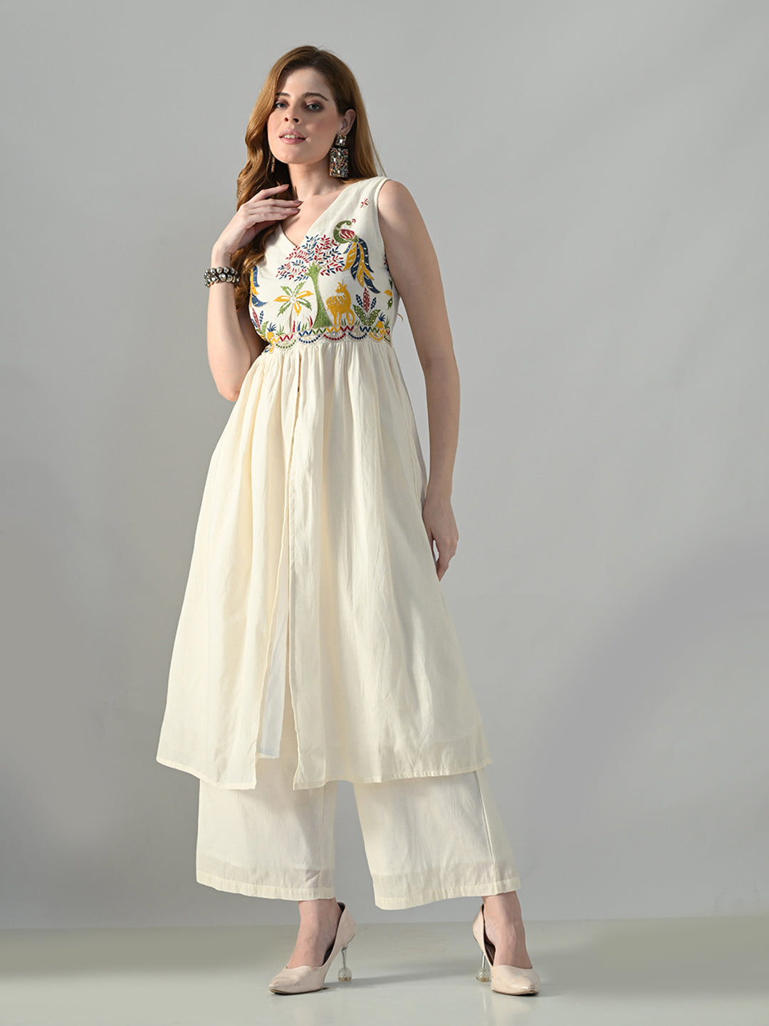 Myshka Women Off White Embroidered Long Kurta With Front Slit Trouser | Grocsy
