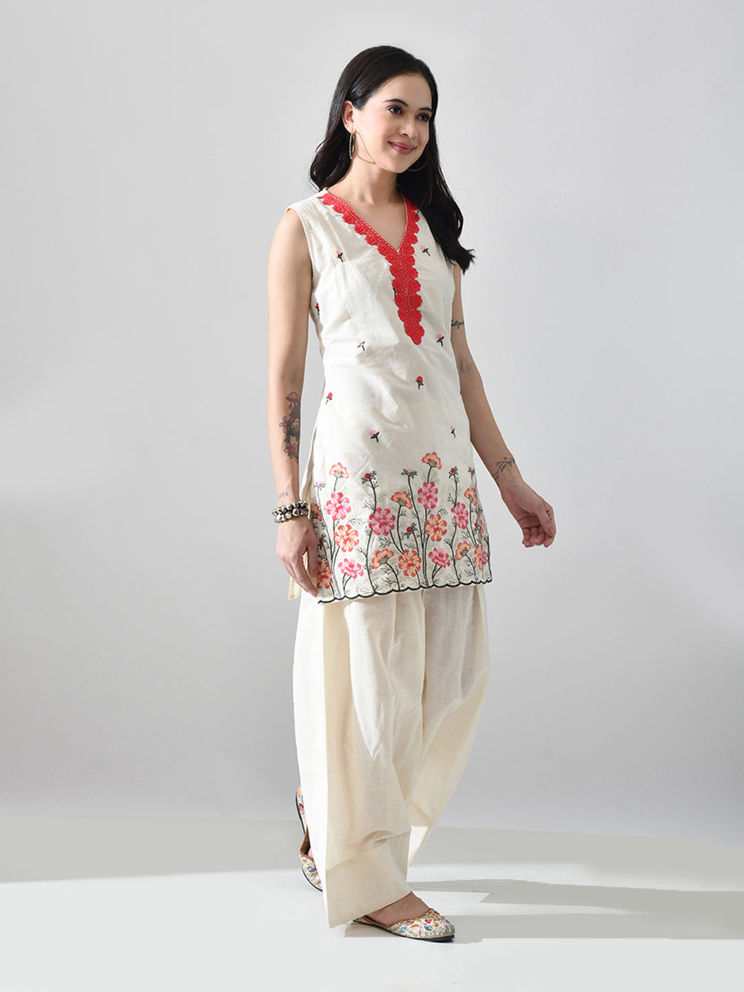Myshka Women Off White Embroidered Short Kurta With Farsi Salwar | Grocsy