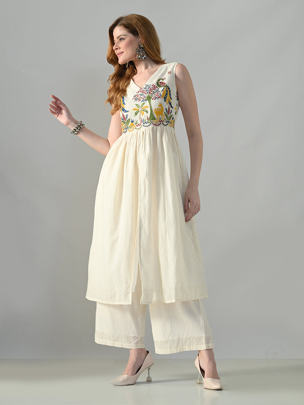 Myshka Women Off White Embroidered Long Kurta With Front Slit Trouser | Grocsy