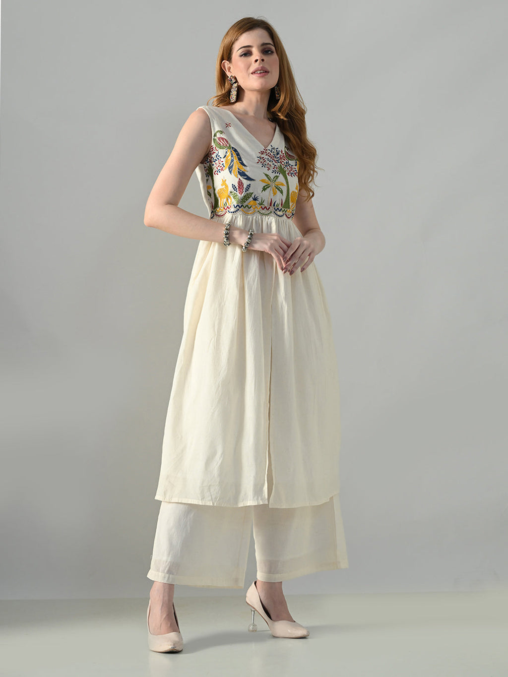 Myshka Women Off White Embroidered Long Kurta With Front Slit Trouser | Grocsy