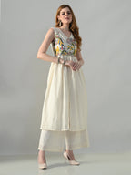 Myshka Women Off White Embroidered Long Kurta With Front Slit Trouser | Grocsy