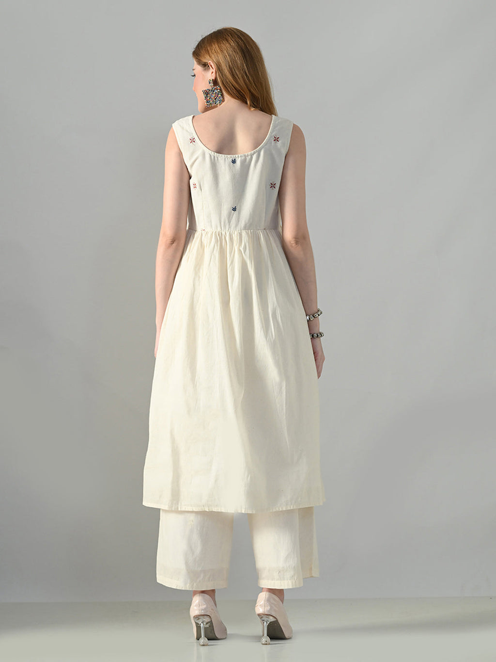 Myshka Women Off White Embroidered Long Kurta With Front Slit Trouser | Grocsy